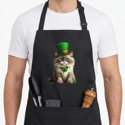 Tablier de cuisine noir avec un chat gris portant un chapeau vert et un collier de trèfles.
