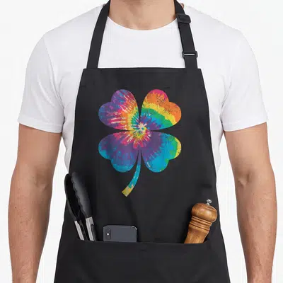 Tablier de cuisine noir avec un grand trèfle multicolore au motif tie dye centré sur le devant.