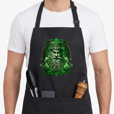 Tablier de cuisine noir avec illustration colorée d'un leprechaun irlandais entouré de feuilles de trèfle vertes.
