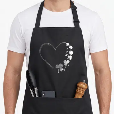 Tablier de cuisine noir avec un grand cœur blanc esquissé décoré de trèfles et d'étoiles sur le côté droit.