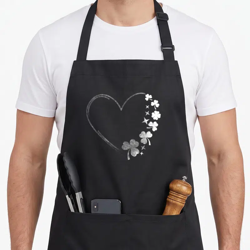 Tablier de cuisine noir avec un grand cœur blanc esquissé décoré de trèfles et d'étoiles sur le côté droit.