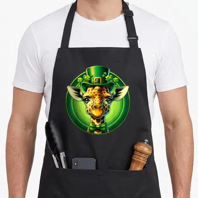 Tablier de cuisine noir avec illustration d'une girafe portant un chapeau de léprechaun vert et une cravate nœud papillon.