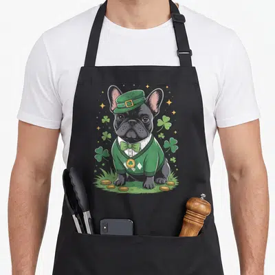Tablier de cuisine noir avec un bouledogue français vêtu de vert, coiffé d'un chapeau et entouré de trèfles et pièces d'or.