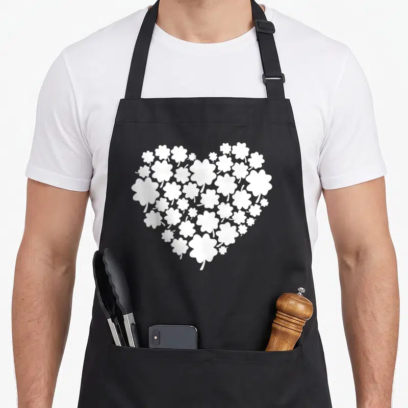 Tablier de cuisine noir avec un motif cœur composé de nombreux trèfles blancs stylisés.