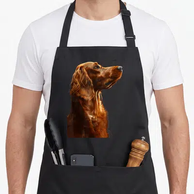 Tablier de cuisine noir avec portrait réaliste en buste d'un setter irlandais au pelage roux brillant