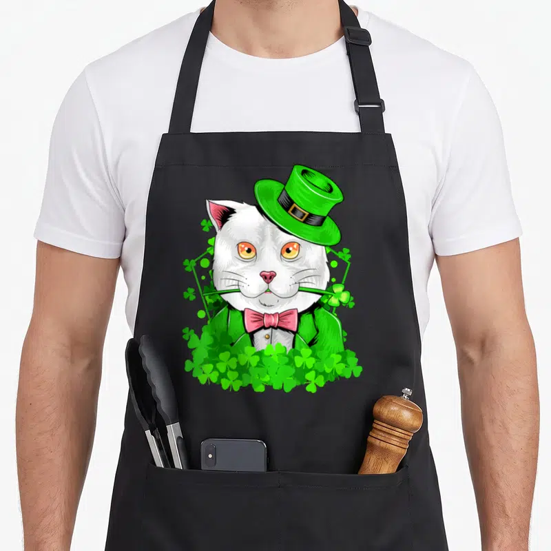 Tablier de cuisine noir avec un chat blanc en costume de leprechaun vert et une cravate papillon rose.
