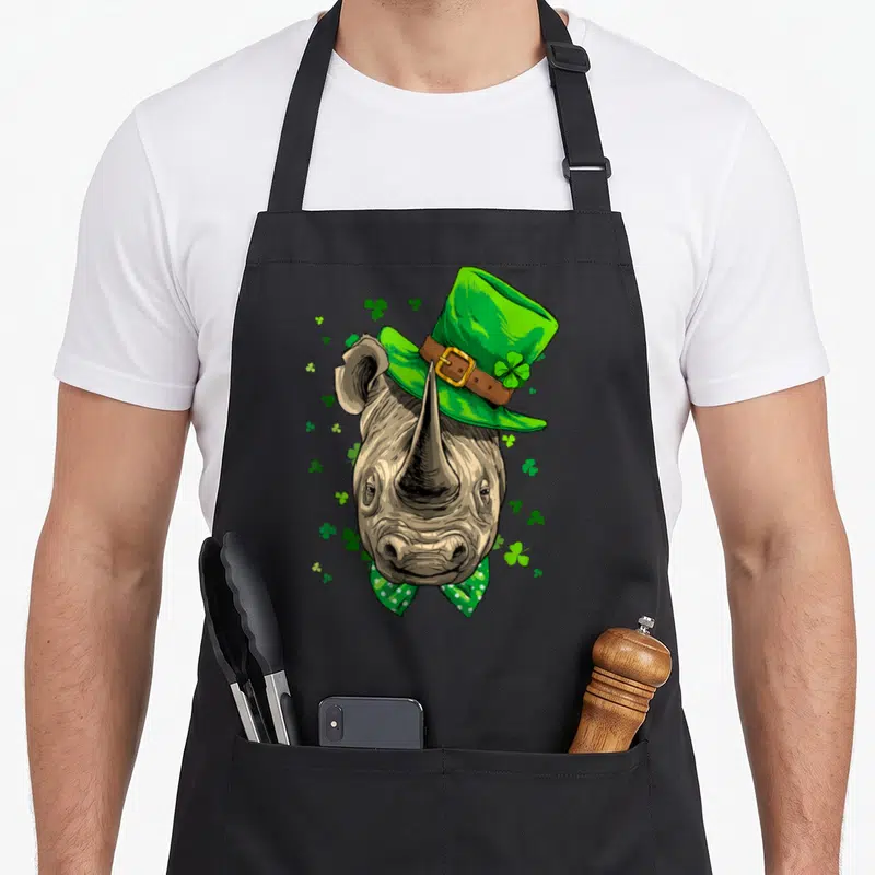 Tablier de cuisine noir avec illustration d'un rhinocéros portant un chapeau de leprechaun vert et des trèfles.