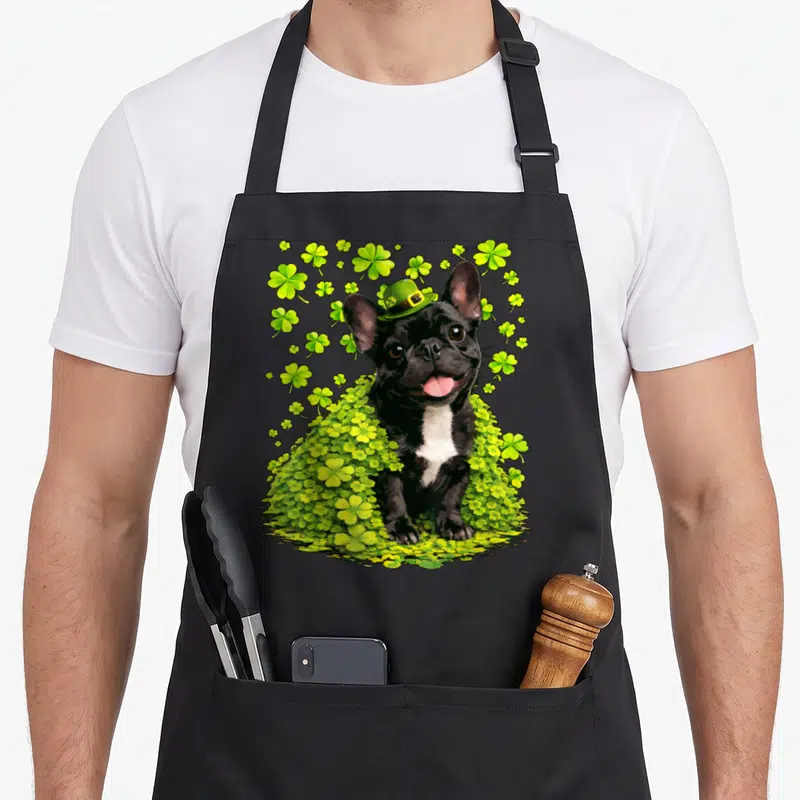 Tablier de cuisine noir avec un bouledogue français portant un chapeau vert au milieu de trèfles.