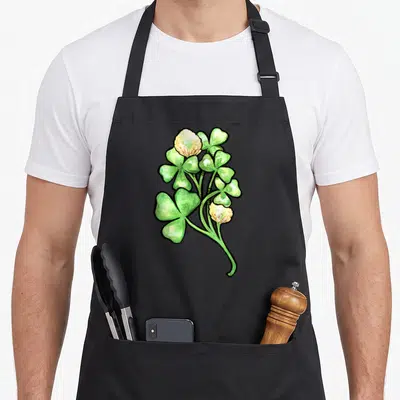 Tablier de cuisine noir avec illustration de trèfles verts et fleurs blanches au style aquarelle néerlandais.