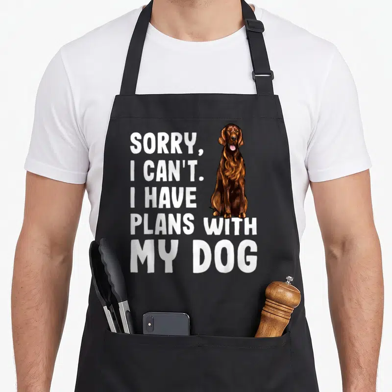 Tablier de cuisine noir avec illustration de setter irlandais et texte blanc désolé je ne peux pas.