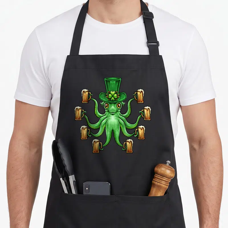 Tablier de cuisine noir avec un poulpe vert portant un chapeau Irish et tenant plusieurs verres de bière.