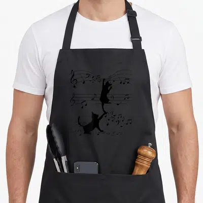 Tablier de cuisine noir avec deux silhouettes de chats jouant avec des notes de musique et des portées.