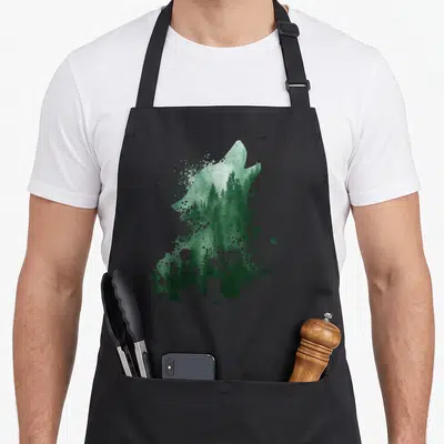 Tablier de cuisine noir avec silhouette de loup contenant une forêt verte en aquarelle et éclaboussures.
