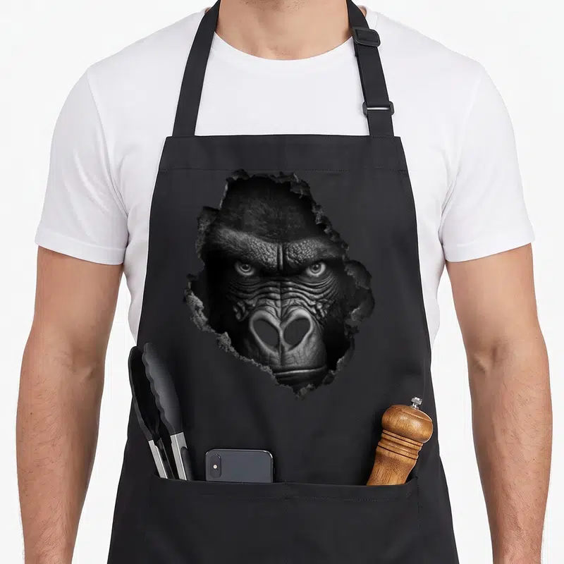 Tablier de cuisine noir avec un gorille en noir et blanc semblant sortir d'un mur déchiré.