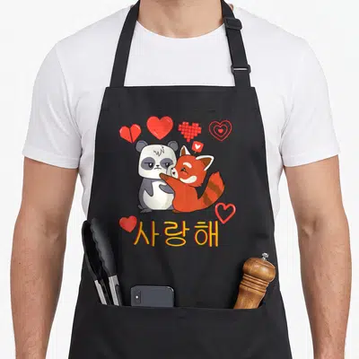 Tablier de cuisine noir avec un panda et un renard s'embrassant entourés de cœurs rouges et du mot Saranghae en idéogrammes jaunes.