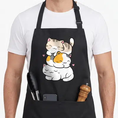 Tablier de cuisine noir avec trois chats kawaii endormis empilés et des cœurs roses flottants autour d'eux.
