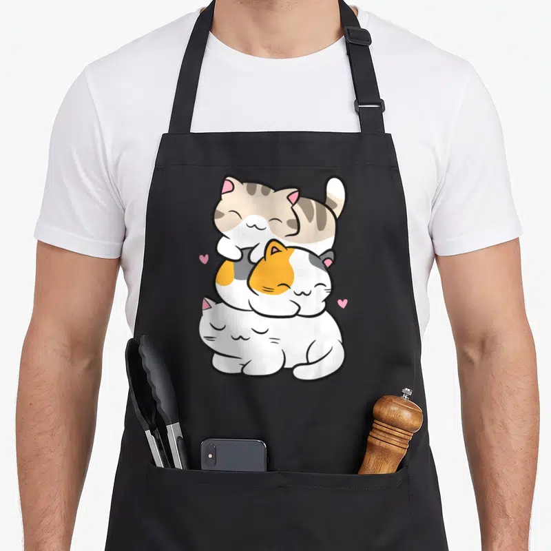 Tablier de cuisine noir avec trois chats kawaii endormis empilés et des cœurs roses flottants autour d'eux.