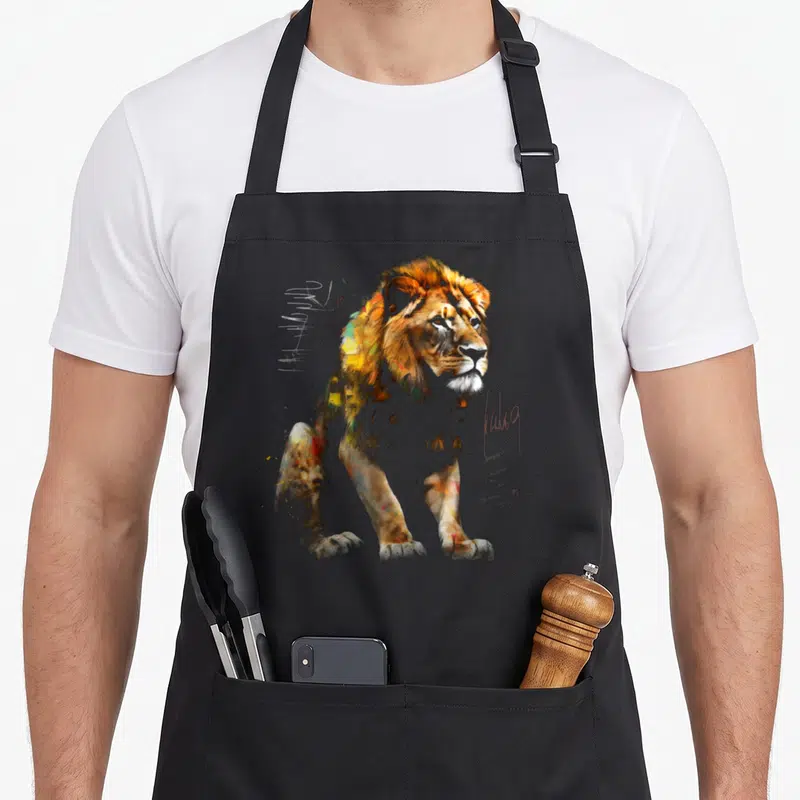 Tablier de cuisine noir avec illustration colorée d'un lion aux traits artistiques et éclats de peinture sur fond neutre.