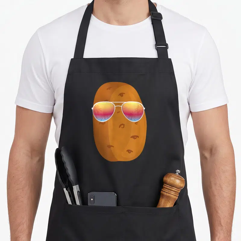 Tablier de cuisine noir avec deux pommes de terre marron portant des lunettes de soleil aviateur aux verres colorés.