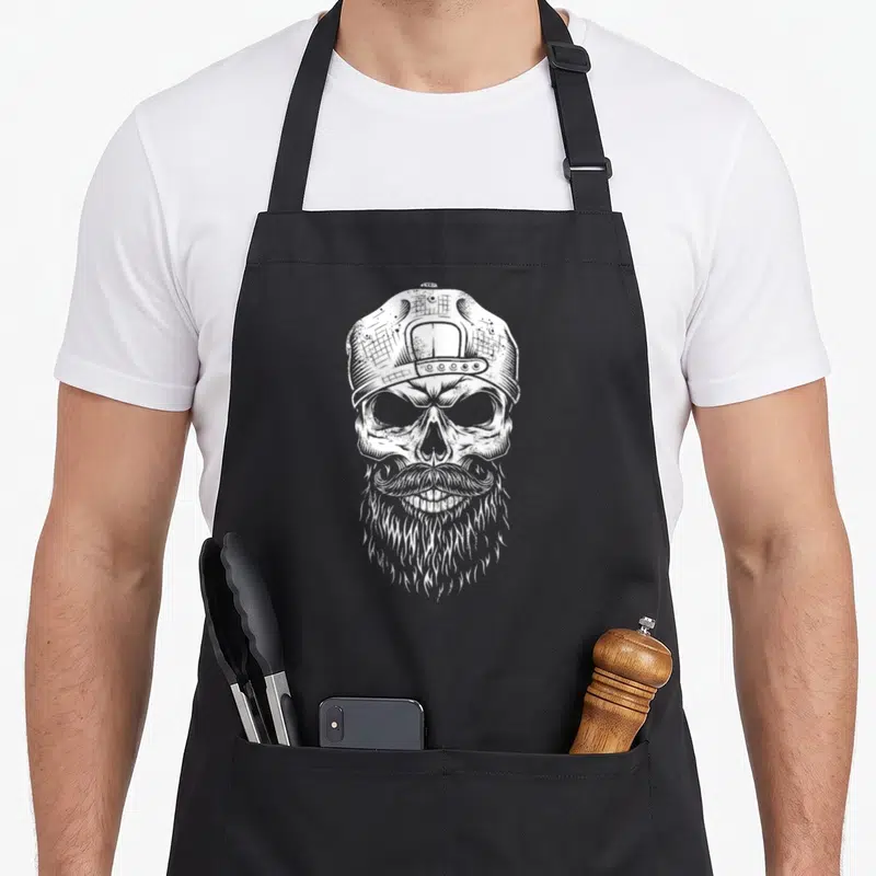 Tablier de cuisine noir avec illustration blanche d'un crâne barbu portant une casquette à l'envers dans un style gravure.