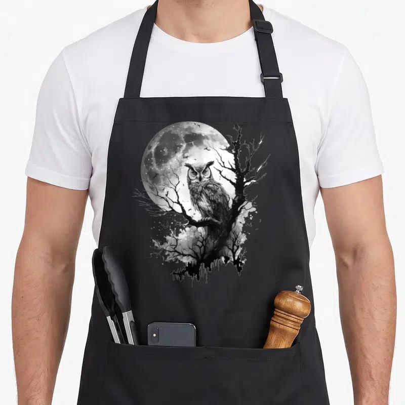 Tablier de cuisine noir avec illustration d'un hibou posé sur un arbre sous une pleine lune.