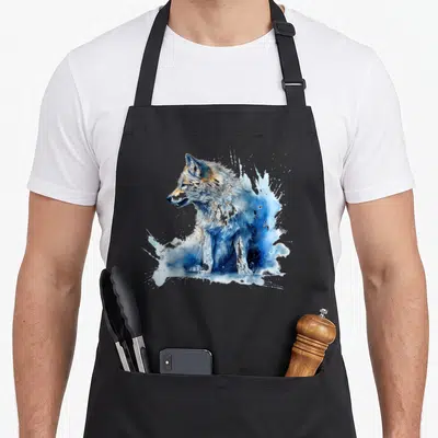 Tablier de cuisine noir avec illustration d'un loup en aquarelle bleue et blanche aux éclats artistiques.
