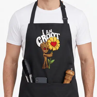 Tablier de cuisine noir avec Groot tenant une fleur jaune à cœur rouge et le texte I Am Groot.
