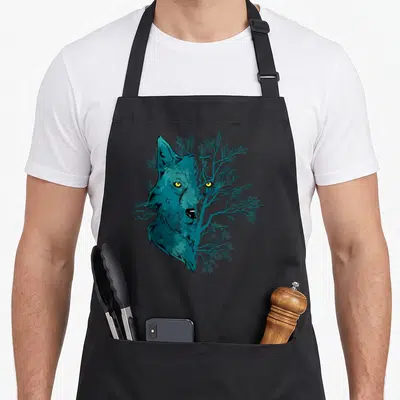 Tablier de cuisine noir avec illustration stylisée d'un loup bleu se fondant dans des branches d'arbres aux yeux jaunes vifs.