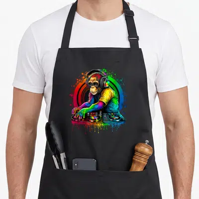 Tablier de cuisine noir avec un singe DJ coloré portant lunettes de soleil et casque sur platines musicales.