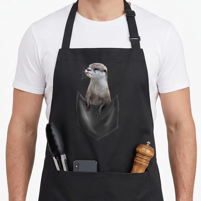 Tablier de cuisine noir avec une illustration d'une loutre de mer sortant d'une poche stylisée en tissu sombre.