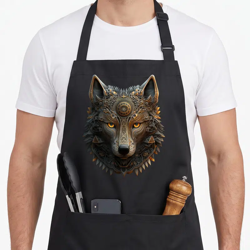 Tablier de cuisine noir avec tête de loup stylisée en art mandala doré et gris.