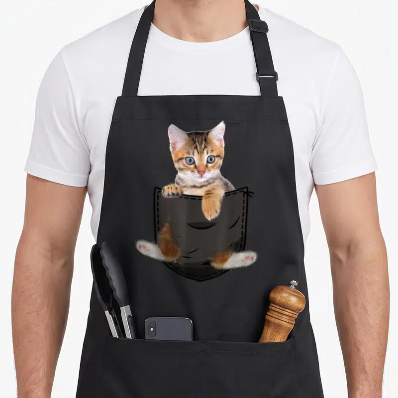 Tablier de cuisine noir avec un chat bengal mignon sortant d'une poche dessinée en illustration centrale.