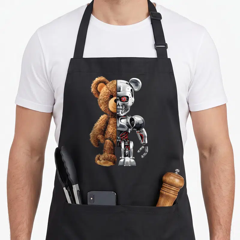 Tablier de cuisine noir avec illustration d'un ours en peluche et d'un robot métallique divisés verticalement.