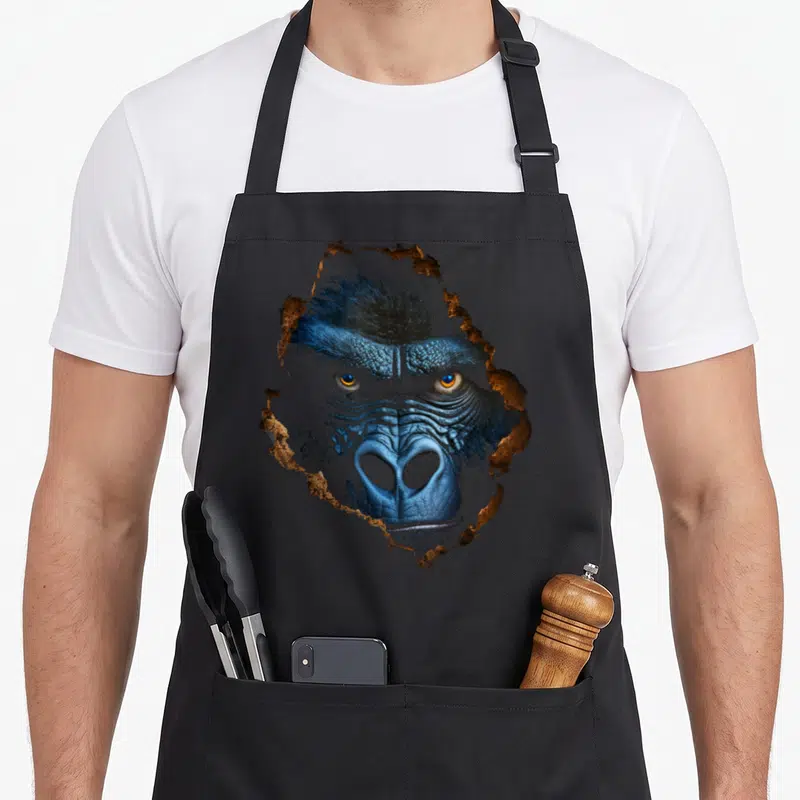 Tablier de cuisine noir avec un gorille bleu émergeant d'un mur aux bords dorés et ciselés.