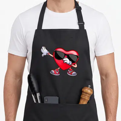 Tablier de cuisine noir avec un cœur rouge stylisé effectuant le mouvement dabbing, portant des lunettes de soleil et des chaussures de sport.