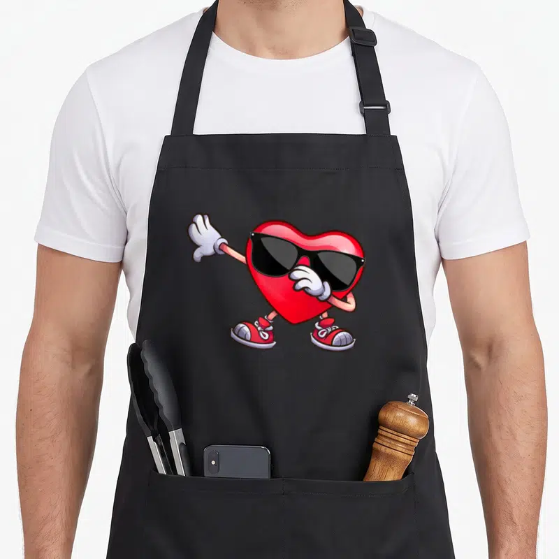 Tablier de cuisine noir avec un cœur rouge stylisé effectuant le mouvement dabbing, portant des lunettes de soleil et des chaussures de sport.