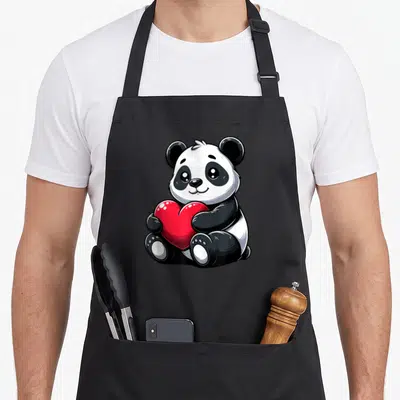 Tablier de cuisine noir avec illustration d'un panda assis tenant un grand cœur rouge brillant.