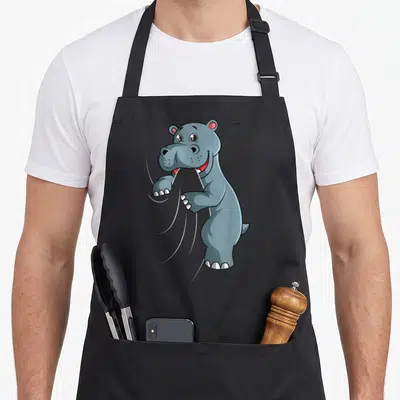 Tablier de cuisine noir avec un hippopotame gris souriant debout sur ses pattes arrière