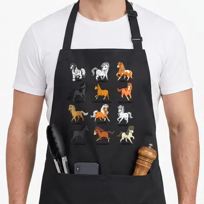 Tablier de cuisine noir avec douze illustrations de chevaux kawaii colorés comme le Cypsi, l'Arabian et le Friesian disposés en grille.