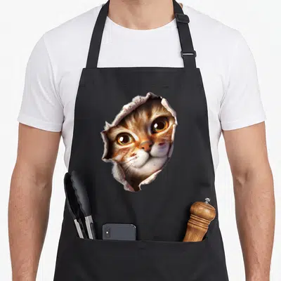 Tablier de cuisine noir avec un chat aux grands yeux percant la matière