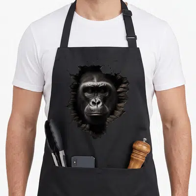 Tablier de cuisine noir avec illustration d'un gorille sortant d'un mur percé en relief.