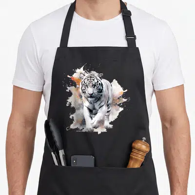 Tablier de cuisine noir avec illustration artistique d'un tigre blanc marchant au milieu de taches de peinture orange et blanche.