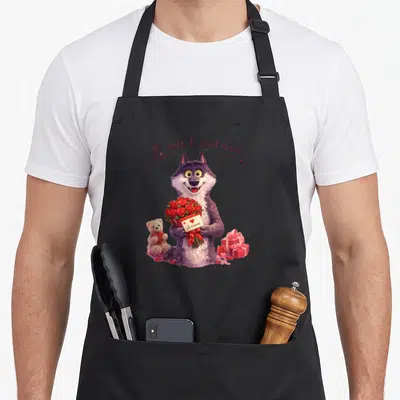 Tablier de cuisine noir avec un loup tenant un bouquet de roses et le texte je suis le mal aimé.
