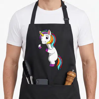 Tablier de cuisine noir avec licorne blanche au crin multicolore et corne dorée, style dessin animé mignon.