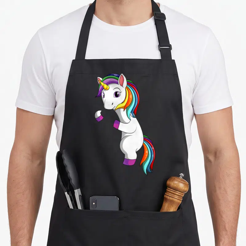 Tablier de cuisine noir avec licorne blanche au crin multicolore et corne dorée, style dessin animé mignon.