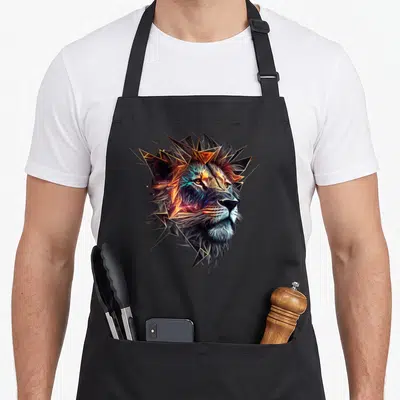 Tablier de cuisine noir avec tête de lion stylisée aux triangles orange et bleu électrique.