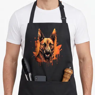 Tablier de cuisine noir avec portrait aquarelle d'un chien malinois belge aux couleurs orangées et noires.