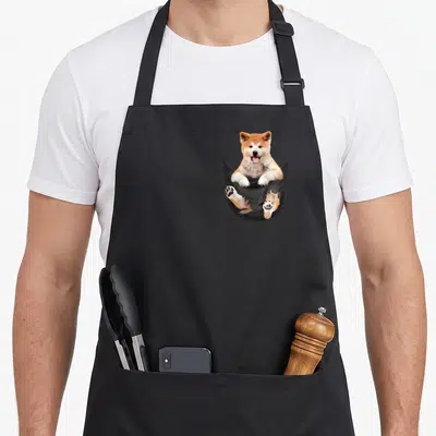 Tablier de cuisine noir avec un chiot Akita Inu souriant sortant d'une poche imprimée sur le devant.