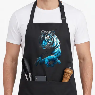 Tablier de cuisine noir avec un tigre aux teintes bleues reposant sa patte sur une fleur stylisée.