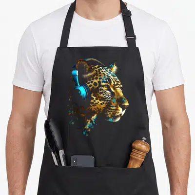 Tablier de cuisine noir avec tête de léopard portant des écouteurs audio bleus et dorés.